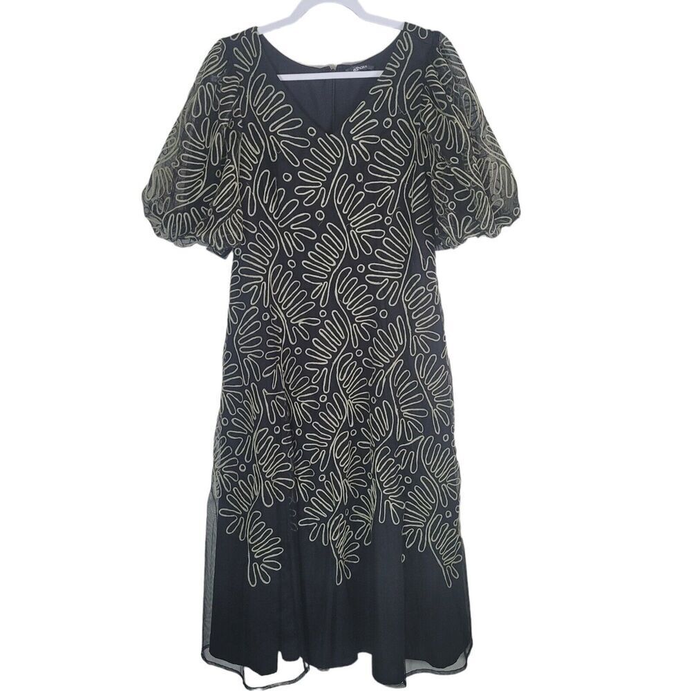 eShakti Midi Dress Size Medium Black A-Line Tulle Embroidered Puff Sleeve Boho